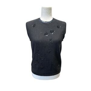 Frances Valentine Angora Lambswool Hand Beaded Embroidered Knit Black Vest Top M